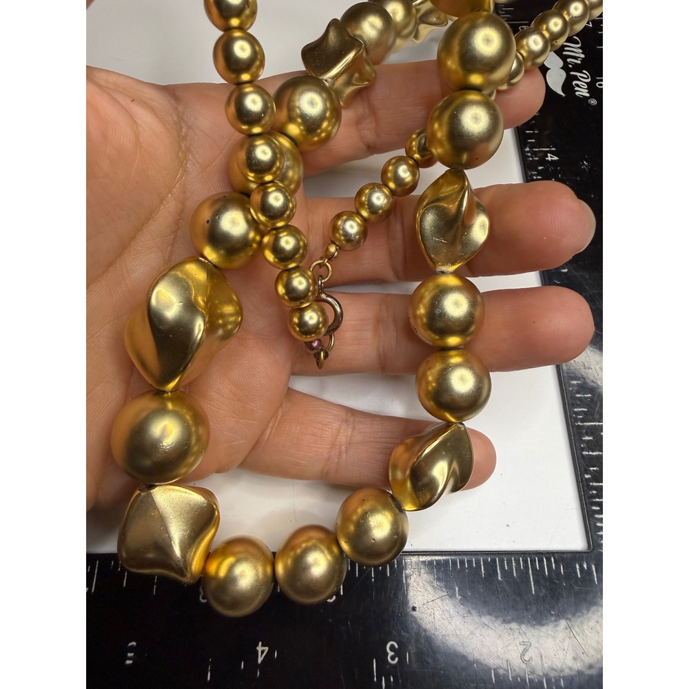Vintage Chunky Gold Tone Bead Necklace Matte Satin Finish Twisted Nugget 17 Inch